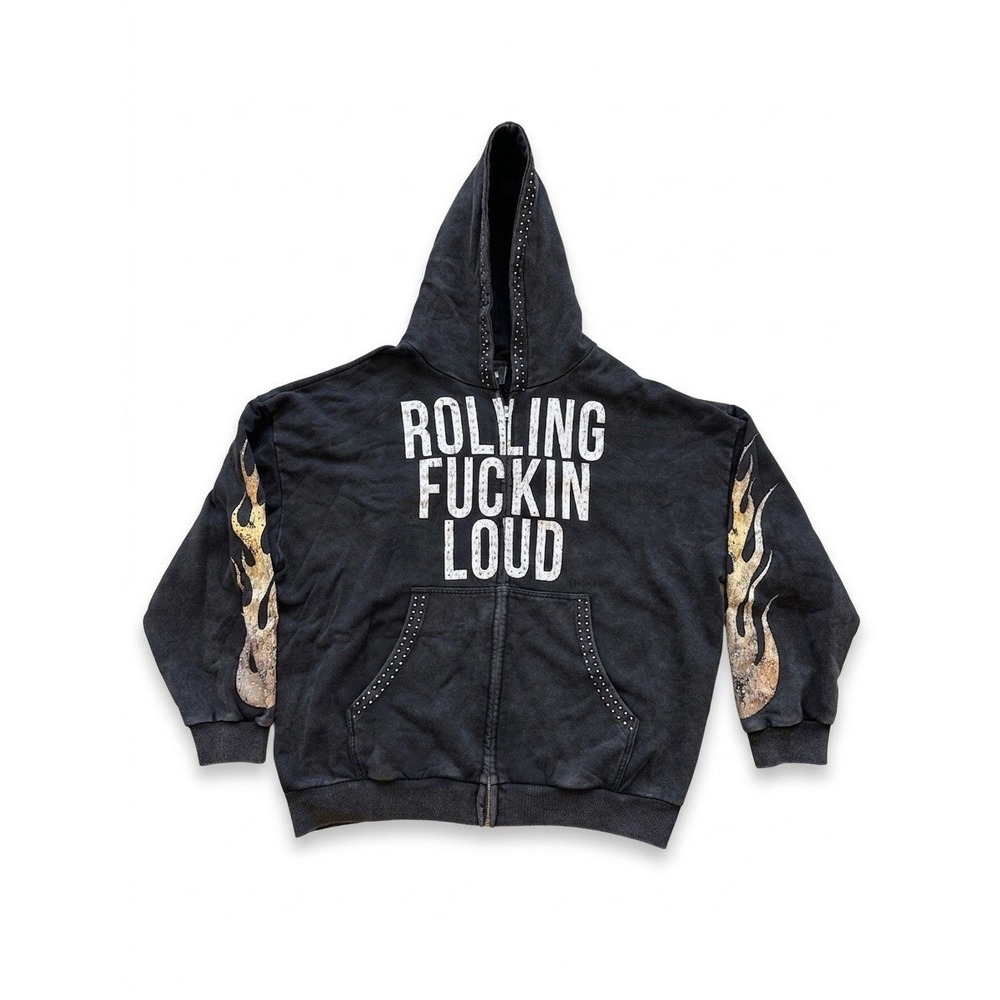 Rolling Loud Jacket Black‎ Sz XL Full Zip Bedazzled Flames Comfy Hooded Timeless